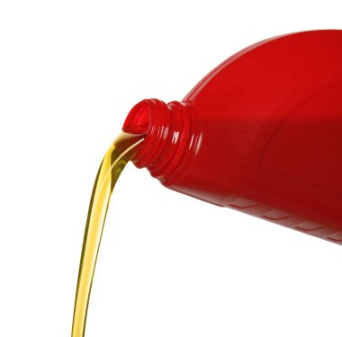 Pouring motor oil from red container isolated on white