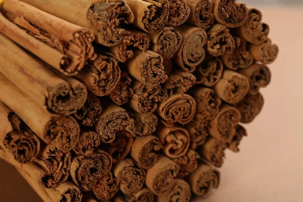 Aromatic Cinnamon Sticks Beige Background Closeup — Photo