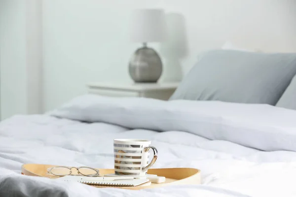 Mug Hot Drink Stylish Cup Coaster Glasses Notebook Bed Room — Foto de Stock