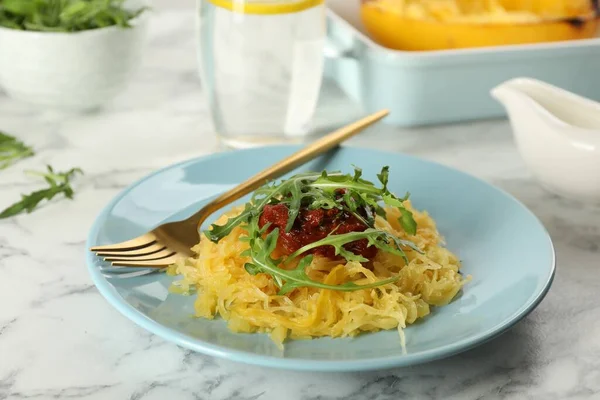 Tasty Spaghetti Squash Tomato Sauce Arugula Served White Marble Table — 图库照片