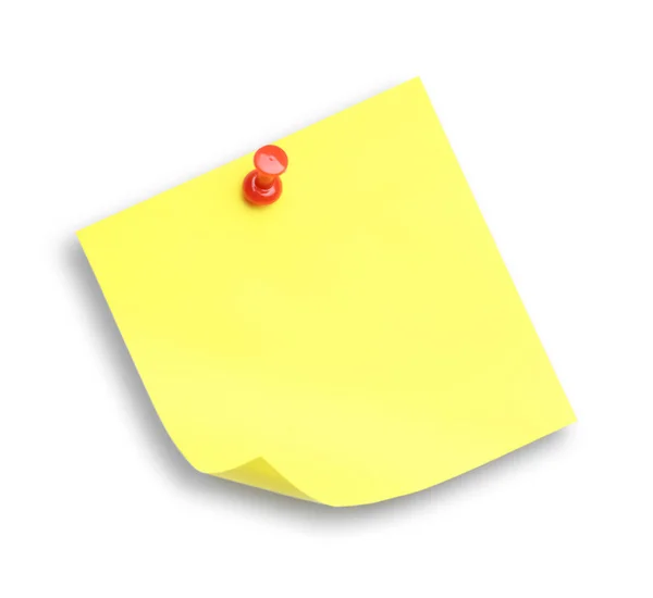 Κενό Κίτρινο Σημείωμα Καρφιτσωμένο Λευκό Φόντο Πάνω Όψη — Φωτογραφία Αρχείου