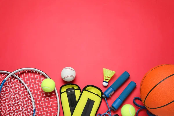 Set Different Sports Equipment Red Background Flat Lay Space Text — Stockfoto
