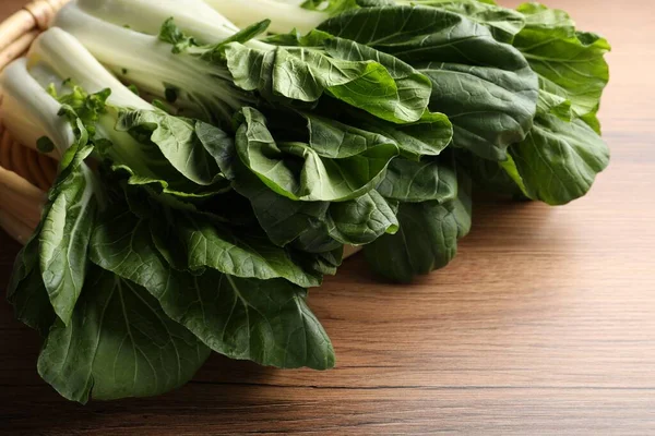 Fresh Green Pak Choy Cabbages Wooden Table Closeup — Stock Photo, Image