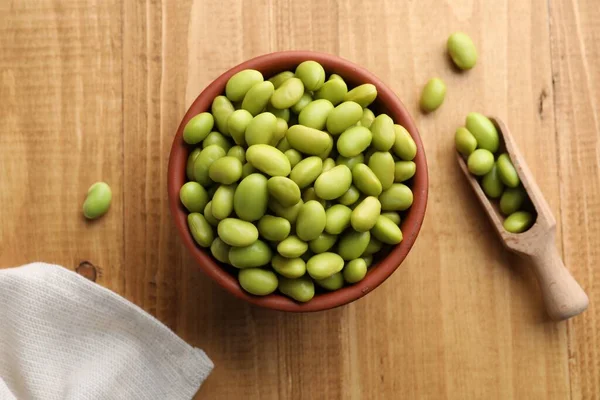 Organic Edamame Beans Wooden Table Flat Lay — Fotografia de Stock