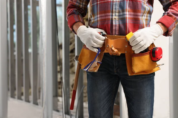 Professional Builder Tool Belt Indoors Closeup — Stok fotoğraf