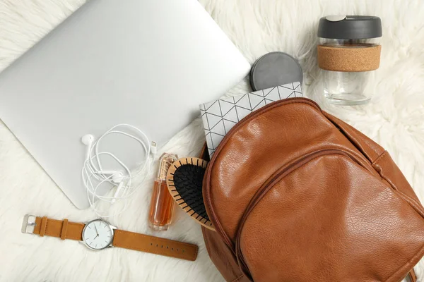 Stylish Urban Backpack Different Items White Faux Fur Flat Lay — Stock Photo, Image