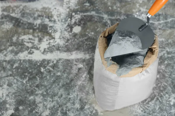 Cement Powder Trowel Put Bag Stone Floor View Space Text — Stockfoto