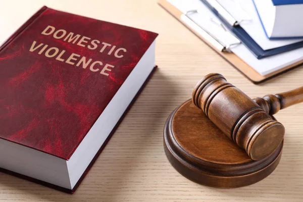 Law Book Gavel Wooden Table Protection Domestic Violence — ストック写真
