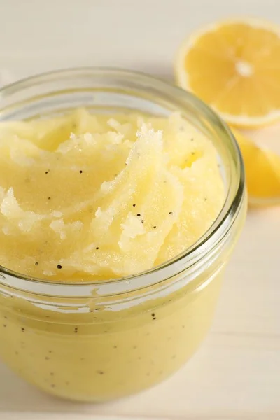 Body Scrub Glass Jar Light Table Closeup — Foto Stock