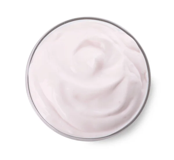 Bowl Delicious Organic Yogurt Isolated White Top View — Foto de Stock