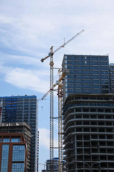 Construction Site Tower Cranes Unfinished Building Low Angle View — Photo
