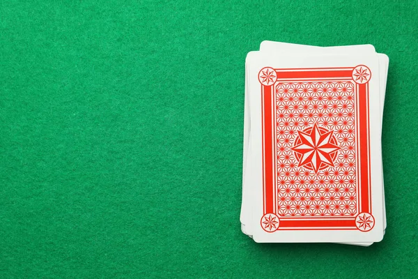Deck Playing Cards Green Table Top View Space Text — Stockfoto