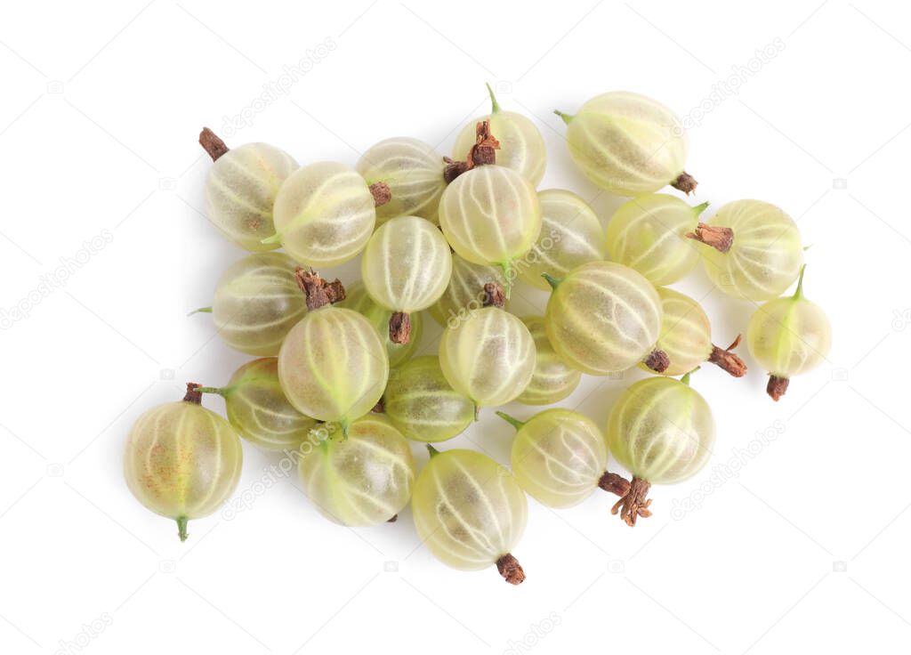 Pile of fresh ripe gooseberries on white background, top view