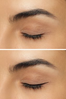 Collage with photos of young woman before and after getting permanent eyeliner makeup, closeup