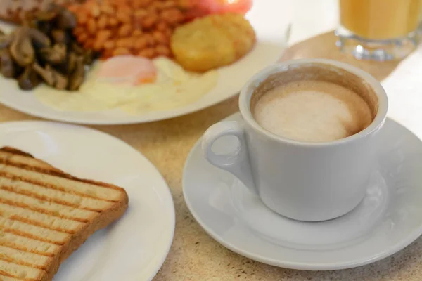 Cup Coffee Delicious Breakfast Served Beige Table Closeup — Stock Photo, Image