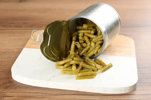 Canned Green Beans Wooden Table Closeup — Stock Photo, Image