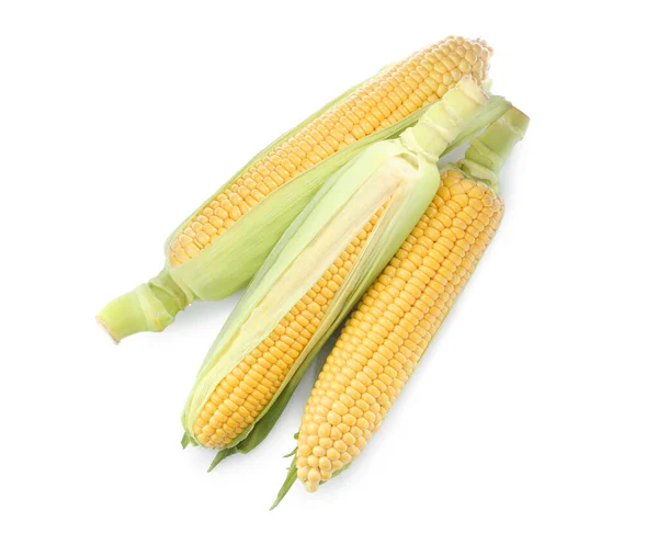 Tasty Fresh Corn Cobs Isolated White Top View — Stock Fotó