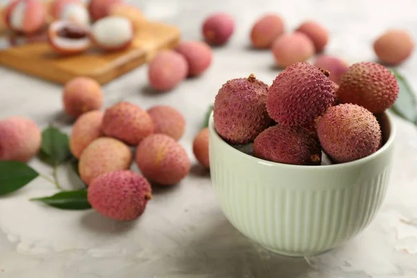 Fresh Ripe Lychee Fruits Bowl Light Grey Table Space Text — Stockfoto