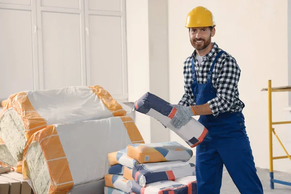 Professional Builder Uniform Bag Cement Indoors —  Fotos de Stock