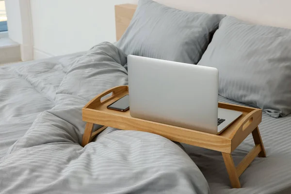 Wooden Tray Table Laptop Smartphone Bed Indoors — Stock Fotó