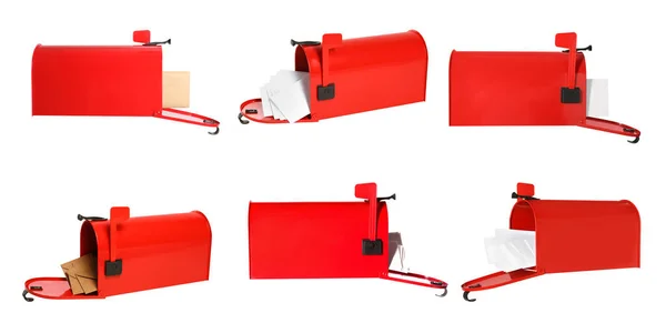 Set Open Red Letter Boxes Correspondence White Background — Fotografia de Stock