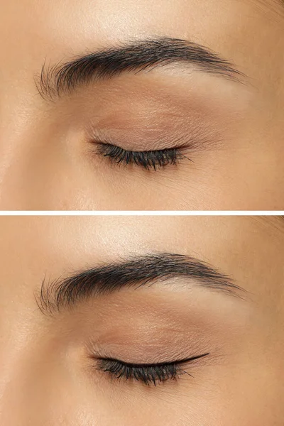 Collage Photos Young Woman Getting Permanent Eyeliner Makeup Closeup — Fotografia de Stock