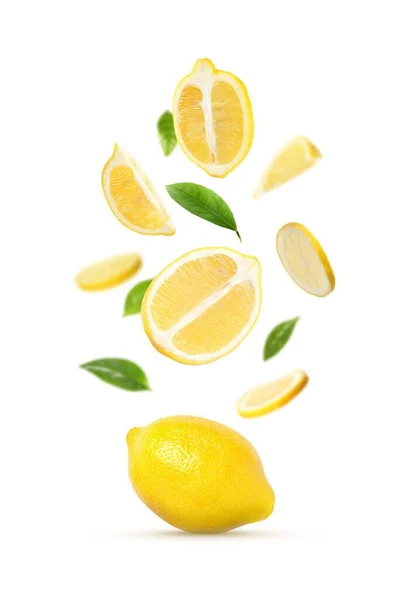 Fresh Ripe Lemons Green Leaves Falling White Background — kuvapankkivalokuva