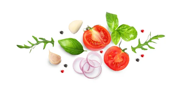 Fresh Ripe Tomatoes Garlic Onion Basil Arugula Peppercorns White Background — Stockfoto