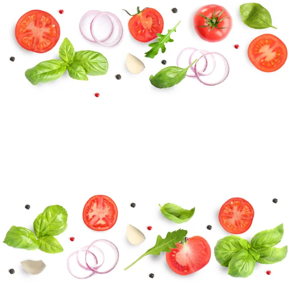 Fresh Ripe Tomatoes Garlic Onion Basil Arugula Peppercorns White Background — Zdjęcie stockowe