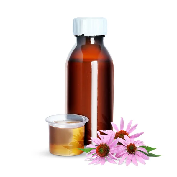 Bottle Echinacea Syrup Flowers White Background — Stok Foto