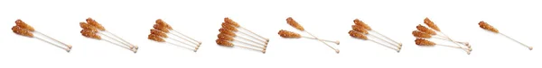 Set Wooden Sticks Sugar Crystals White Background Banner Design Tasty — Stockfoto
