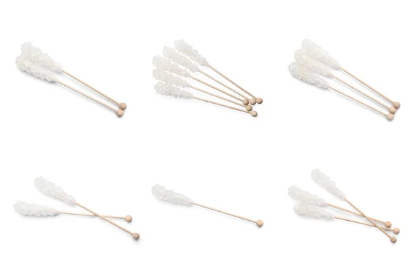 Set Wooden Sticks Sugar Crystals White Background Tasty Rock Candies — Fotografia de Stock