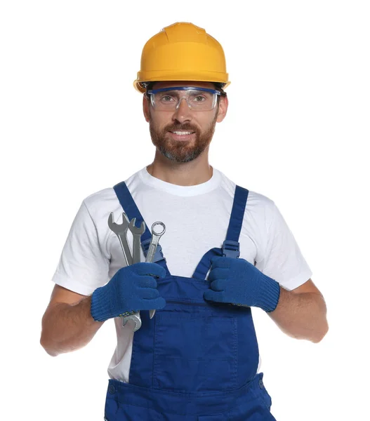 Professional Builder Uniform Tools Isolated White — Fotografia de Stock