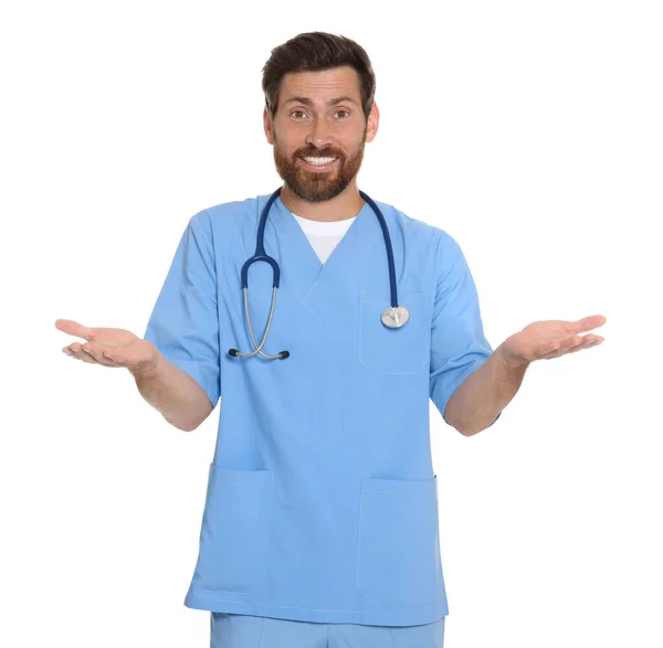 Portrait Doctor Scrubs White Background — Stock Photo, Image