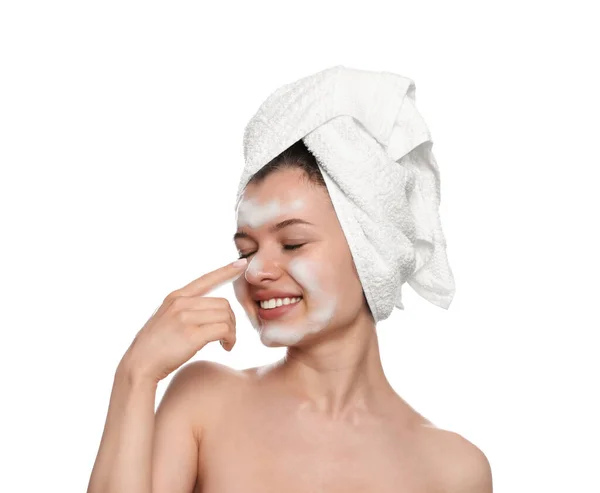 Young Woman Washing Face Cleansing Foam White Background Skin Care — Photo