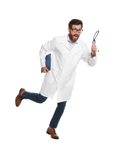 Doctor Stethoscope Clipboard Running White Background — Foto de Stock