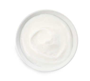 Bowl with delicious organic yogurt isolated on white, top view