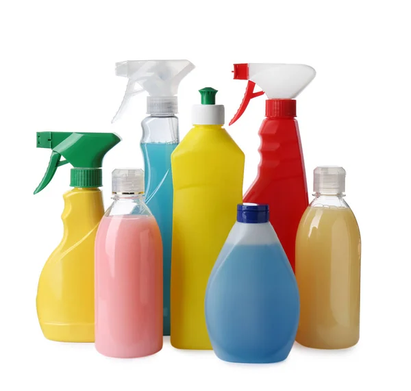 Bottles Different Detergents White Background Cleaning Supplies — Stock fotografie