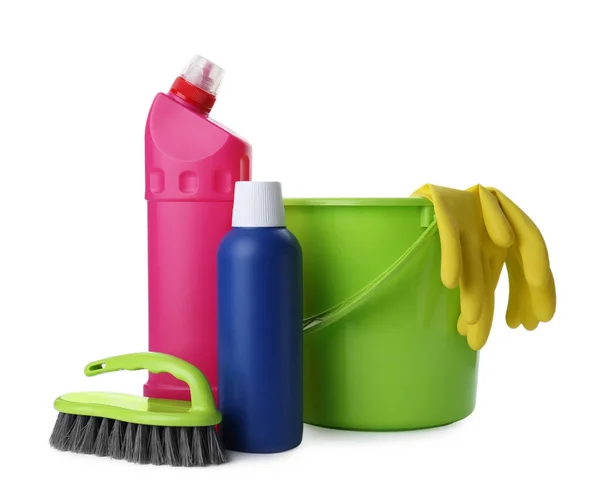 Set Different Cleaning Supplies White Background — Stock Photo, Image
