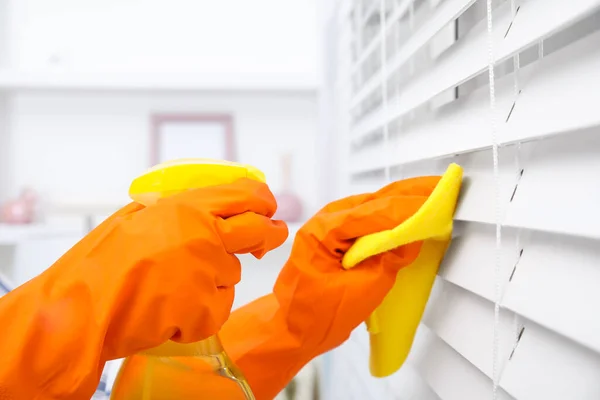 Woman Cleaning Window Blinds Detergent Rag Indoors Closeup — Foto de Stock