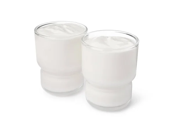 Очки Вкусным Органическим Йогуртом Белом Фоне — стоковое фото