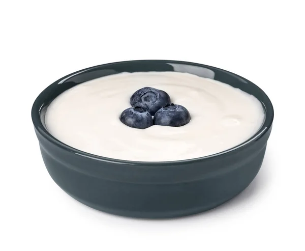 Bowl Delicious Yogurt Blueberries Isolated White — Fotografia de Stock