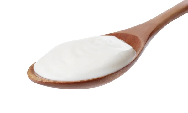 Wooden Spoon Delicious Organic Yogurt Isolated White — Foto Stock