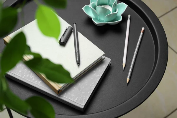 Notebooks Pen Pencils Decorative Holder Candle Table Indoors Closeup — 스톡 사진