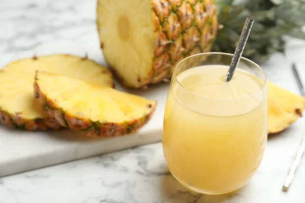Delicious Fresh Pineapple Juice White Marble Table — Fotografia de Stock