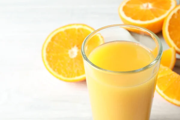Glass Orange Juice Fresh Fruits White Wooden Table Closeup — Stockfoto