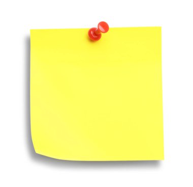 Blank yellow note pinned on white background, top view