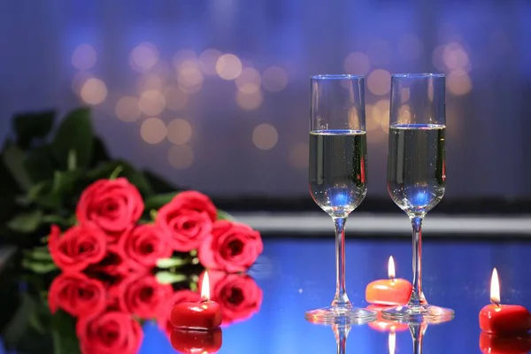 Glasses Champagne Candles Roses Table Blurred Lights Romantic Dinner Valentine — Stock Fotó