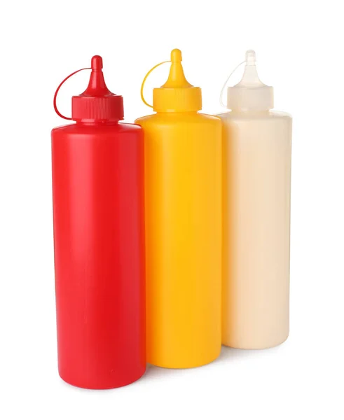 Plastic Bottles Tasty Mayonnaise Ketchup Mustard White Background — Photo