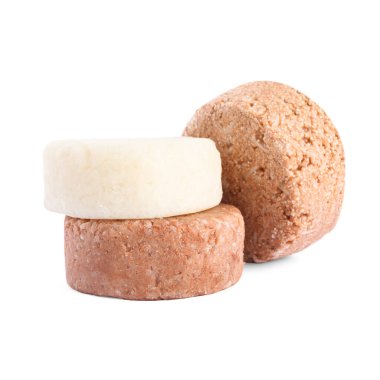 Solid shampoo bars on white background. Hair care